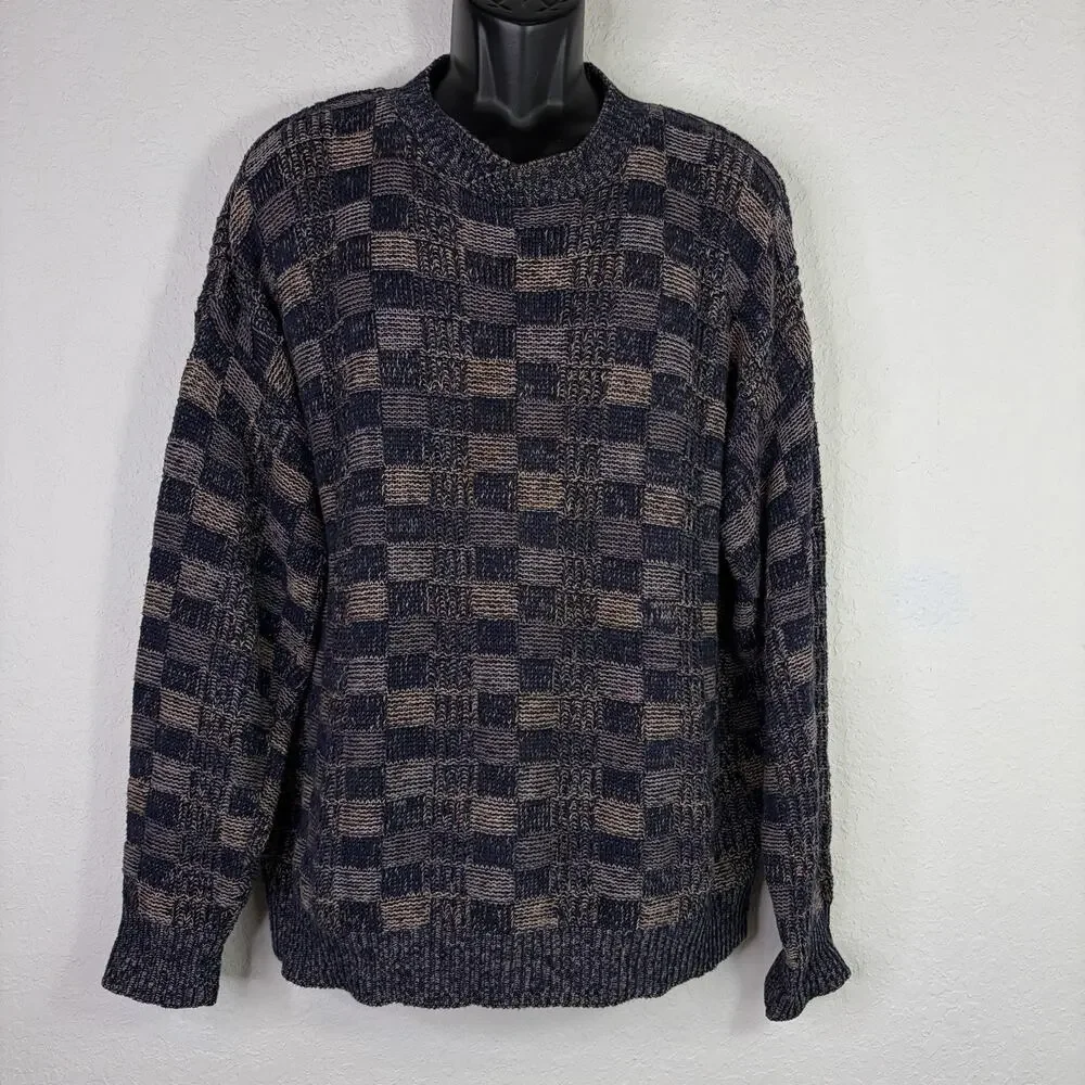Crossings Vintage Knitted 100% Cotton Men’s Sweater Size L Checkered Made USA